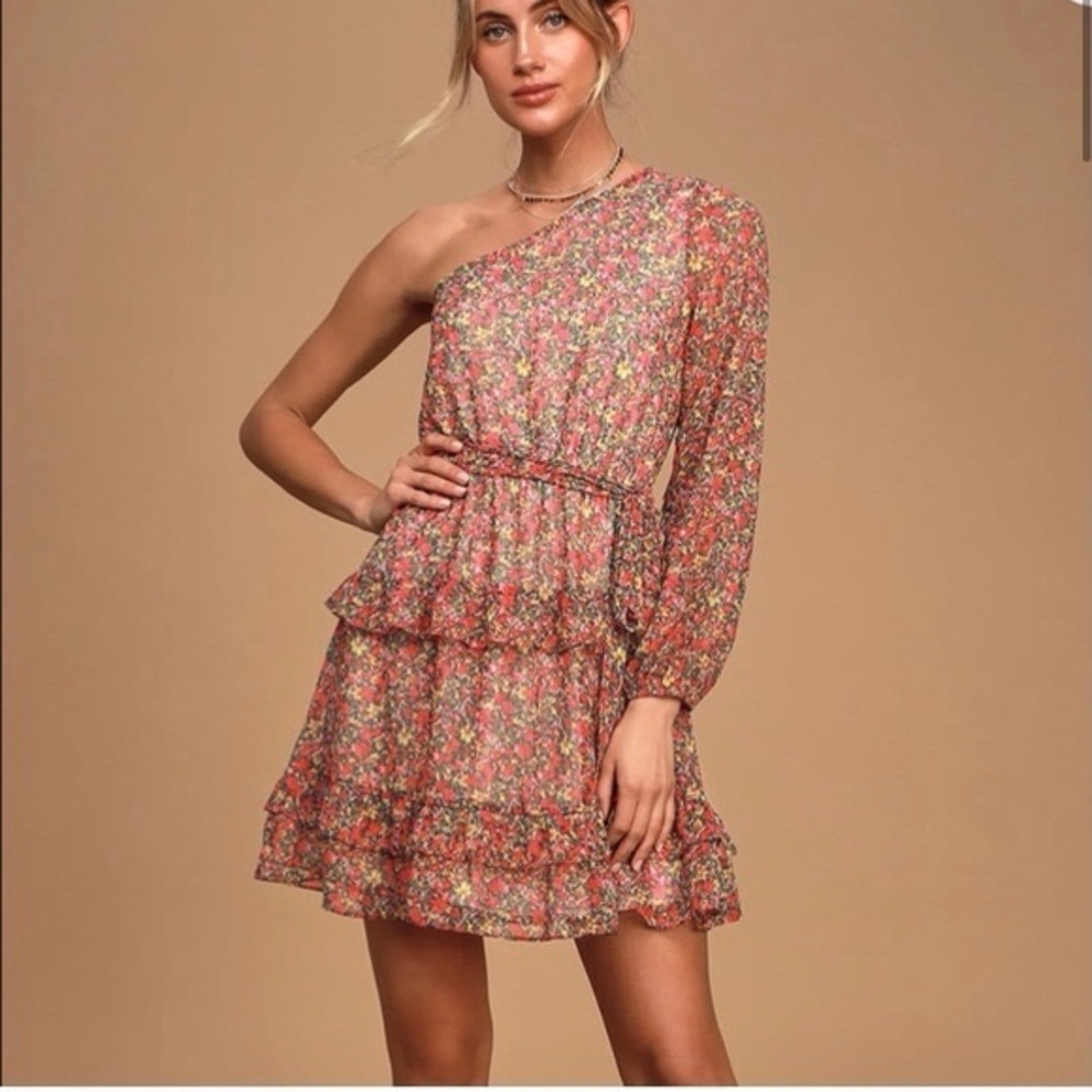 Lulus Anew Romance Pink Floral Print One-Shoulder Ruffled Mini Dress Size Medium